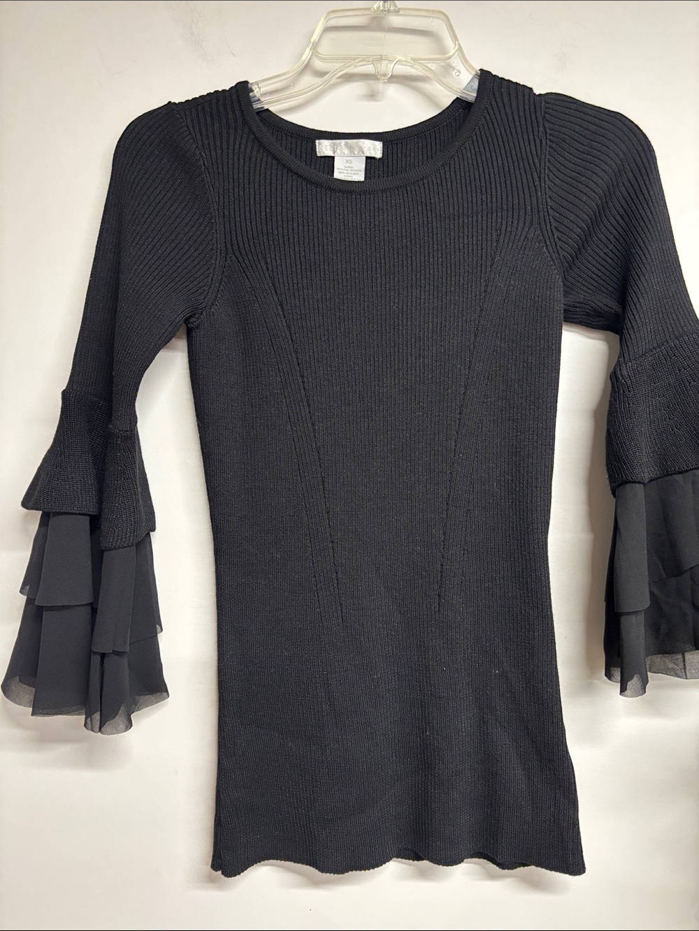 Design History Black Ribbed Knit Top with Tiered Chiffon Bell Sleeves